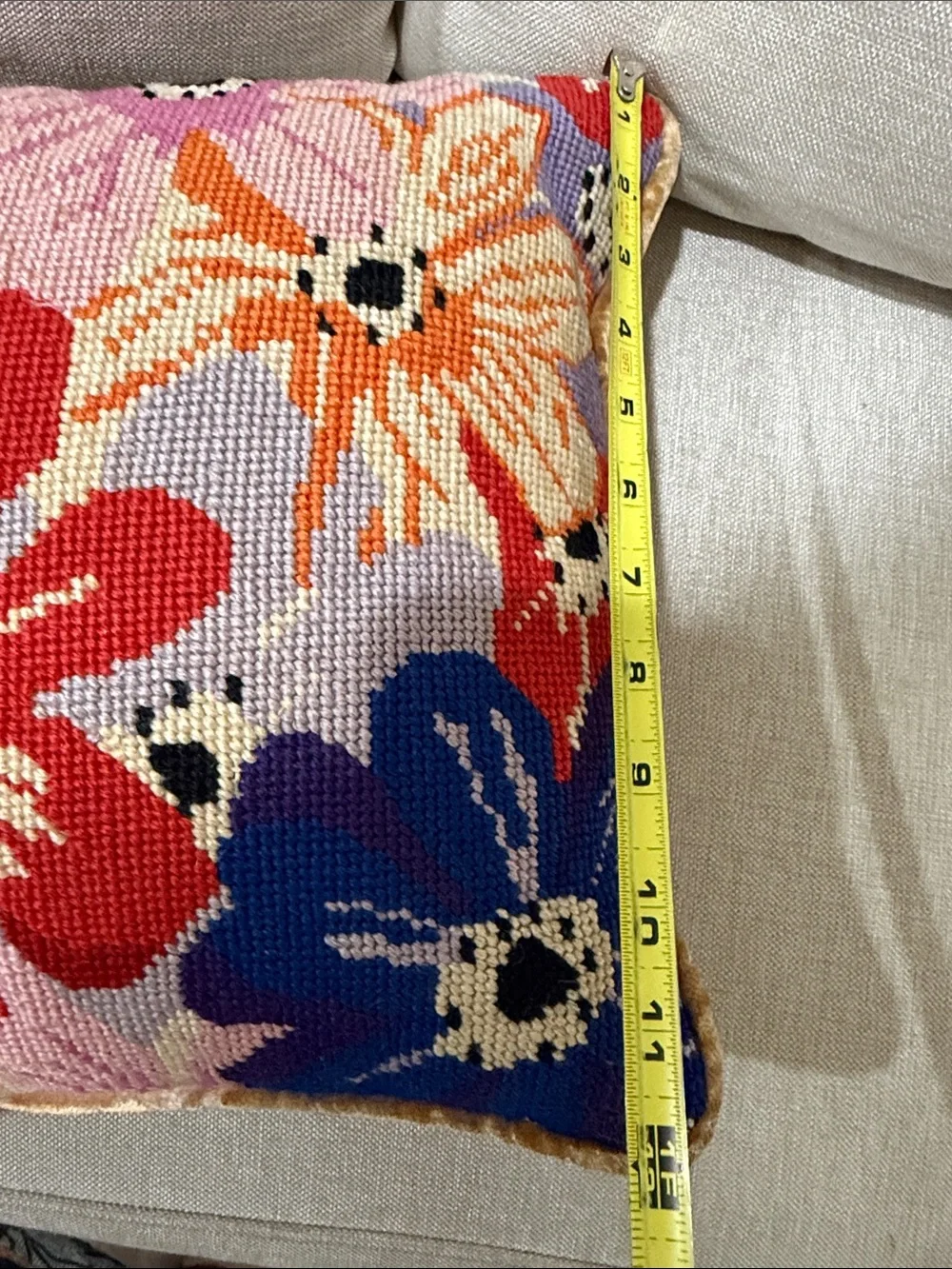 Floral Needlepoint Throw Pillow hand made stitch in Red, Blue & Orange vintage